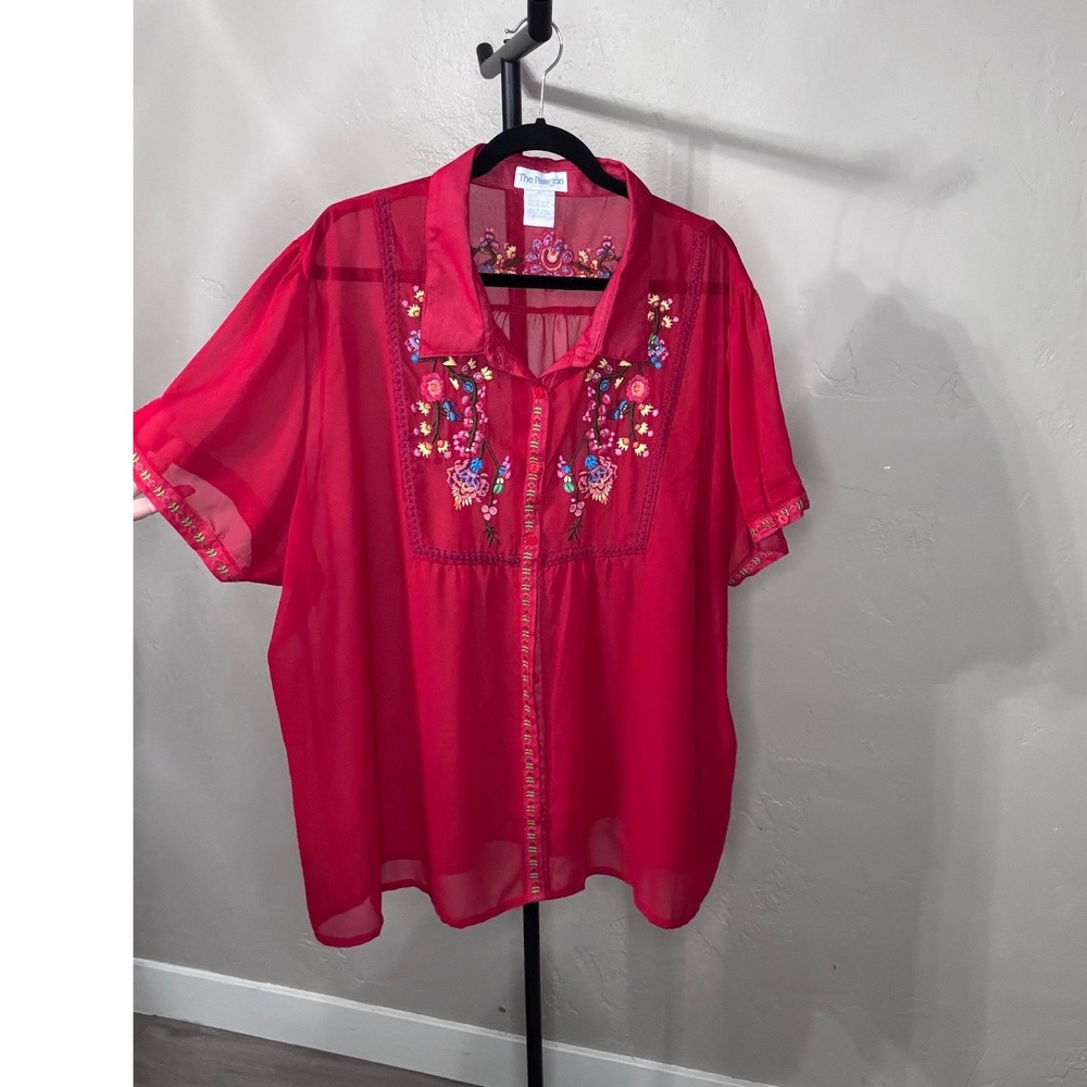 The Paragon Vintage Red Embroidered Floral Boho Peasant Blouse 3X